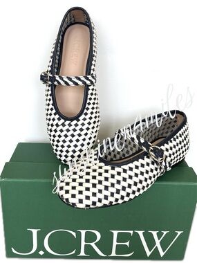 J. Crew JCREW Mary Jane Navy Blue / Ivory Woven Leather Round Toe Flats #CR911